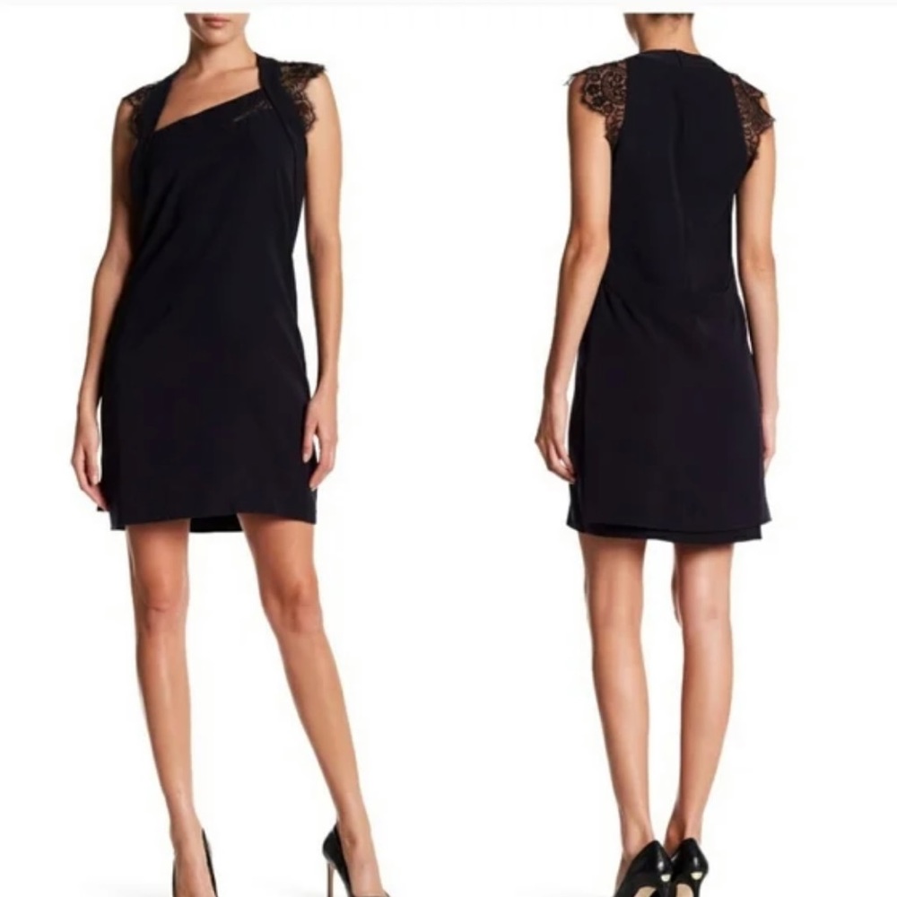 The Kooples Lace Cap Sleeve Cocktail Dress Black Crepe Size 3 / L